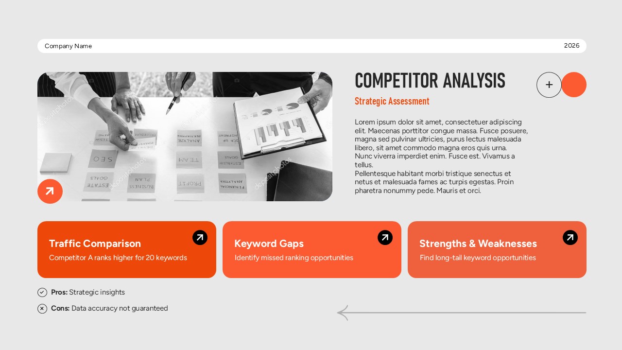 SEO Report Template - Competitor analysis slide comparing traffic, keyword gaps, and competitive positioning insights