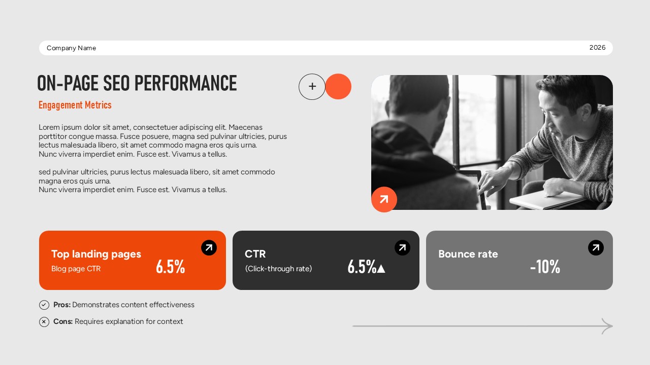 SEO Report Template - On-page SEO performance slide analyzing CTR, bounce rates, and landing page effectiveness