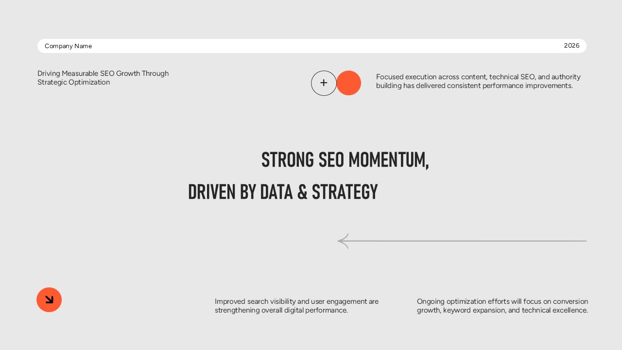 SEO Report Template - Strategic overview slide to communicate SEO momentum and data-driven strategy approach