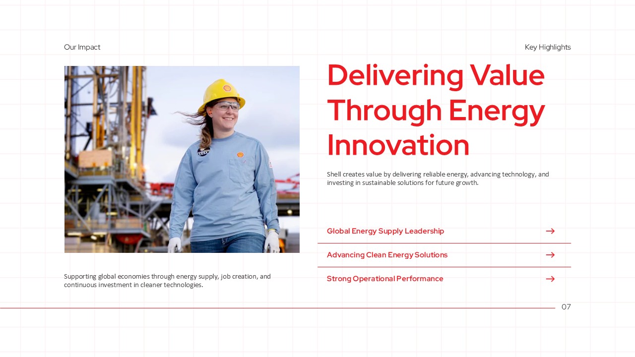 Shell Energy Innovation Template - female worker image with content sections