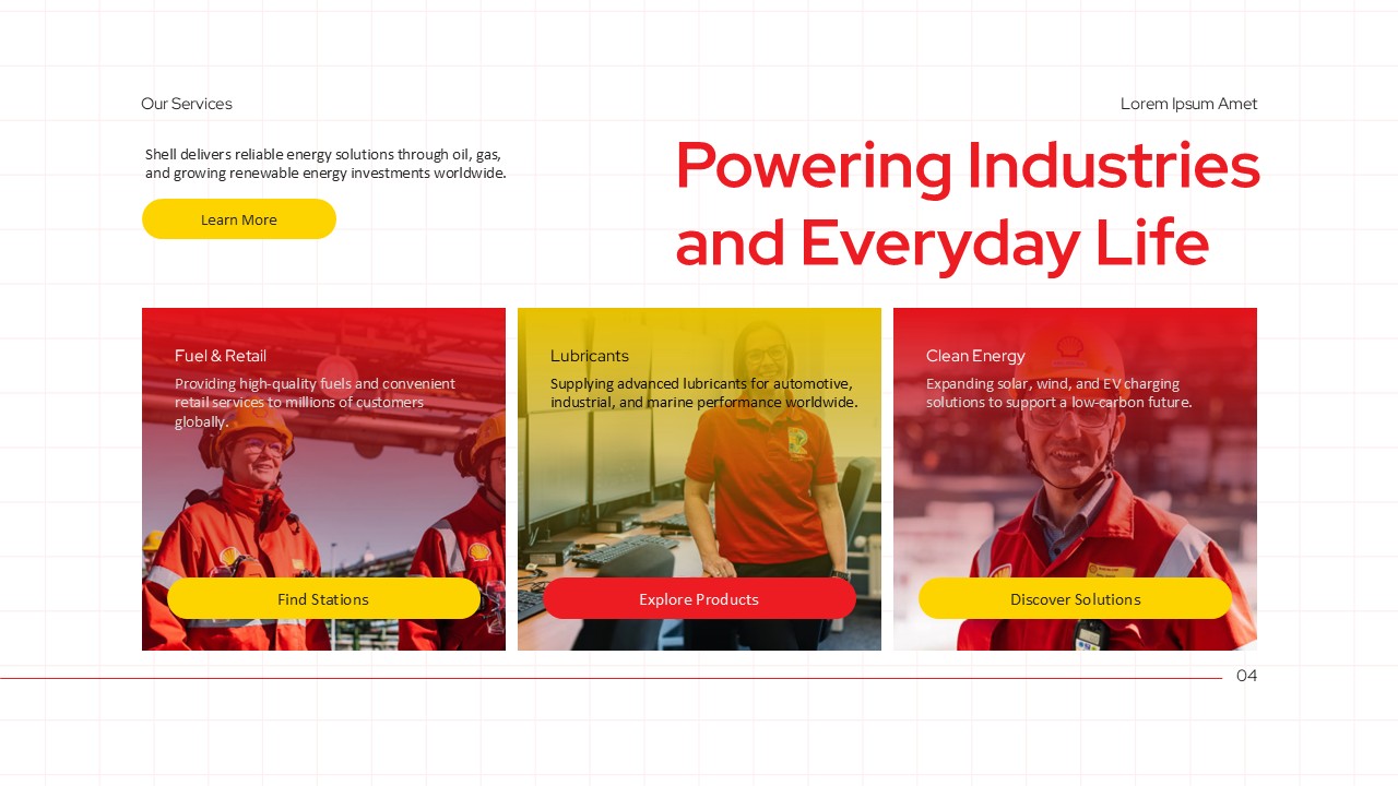 Shell Services Template - three service panels with action buttons