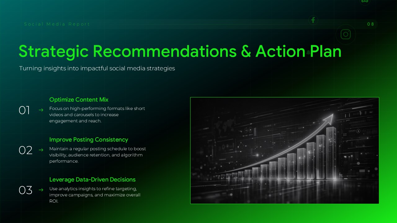 Social Media Report Template - Strategic recommendations slide with action plan and upward trending chart image