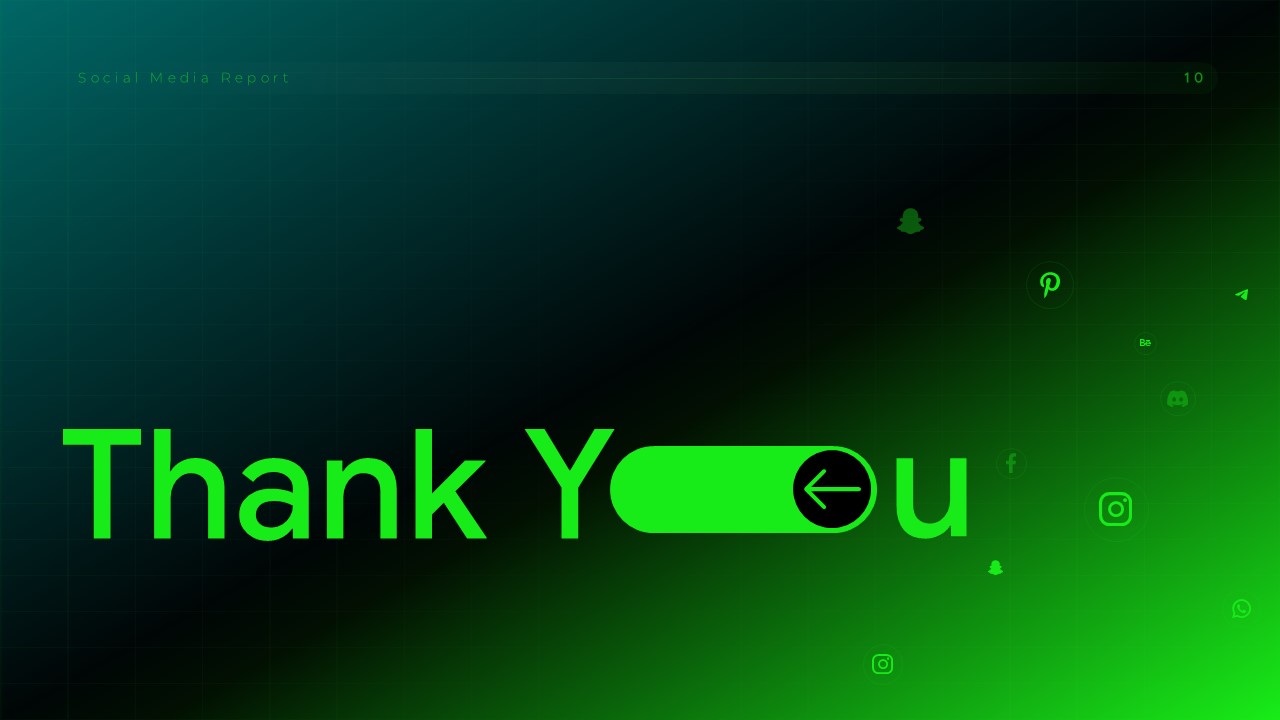 Social Media Report Template - Professional thank you closing slide with gradient design and social media icons