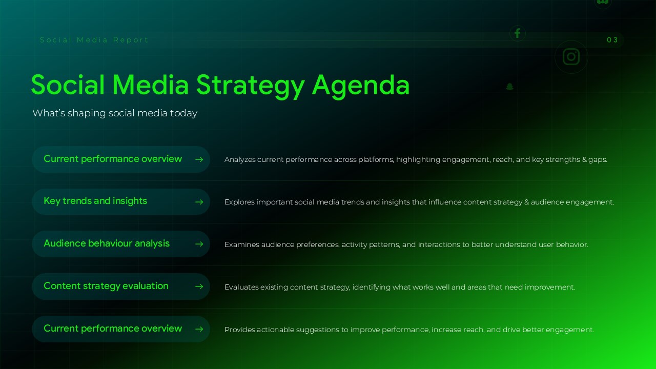 Social Media Report Template - Strategy agenda slide with five organized sections and green accent elements
