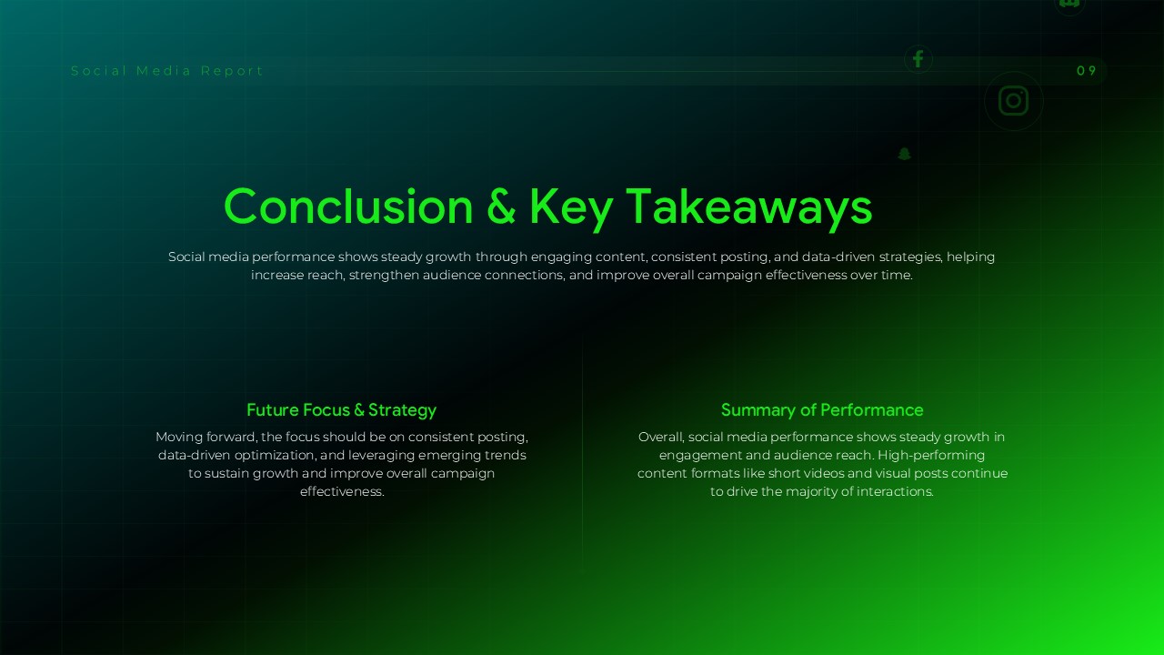 Social Media Report Template - Conclusion slide summarizing key takeaways and future strategy focus areas