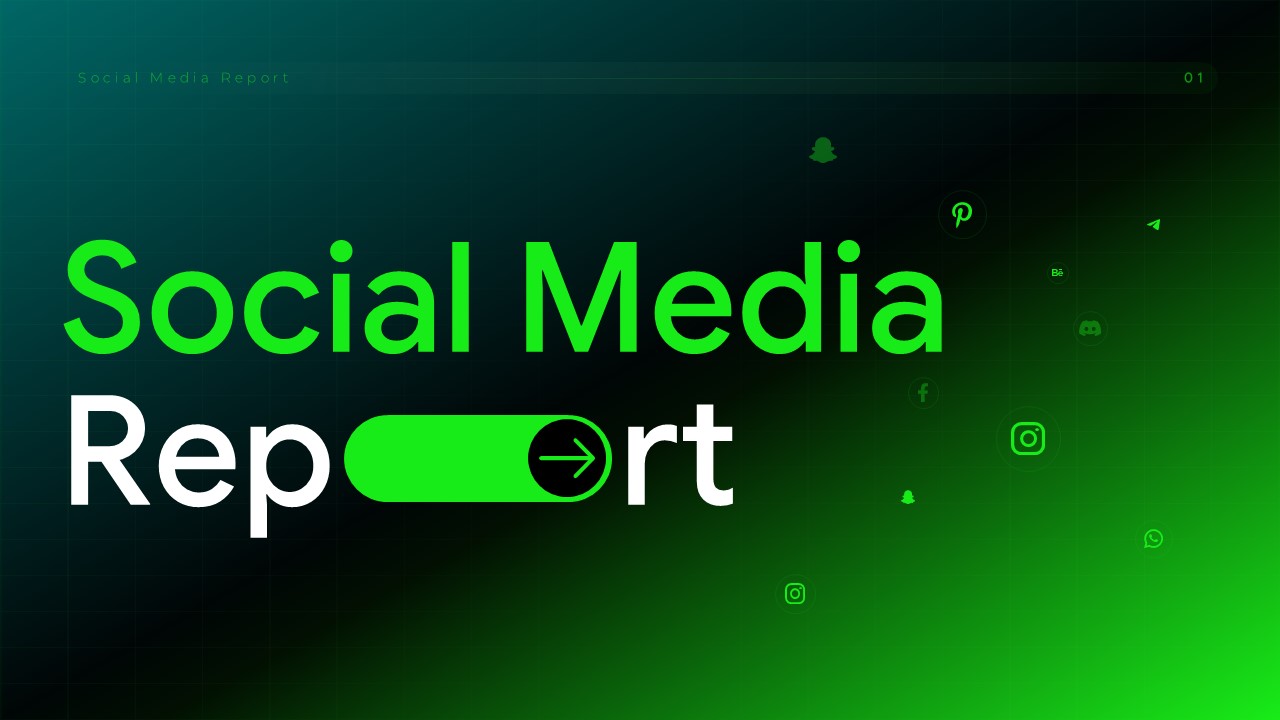 Social Media Report Template - Modern cover slide with gradient background and social media icons