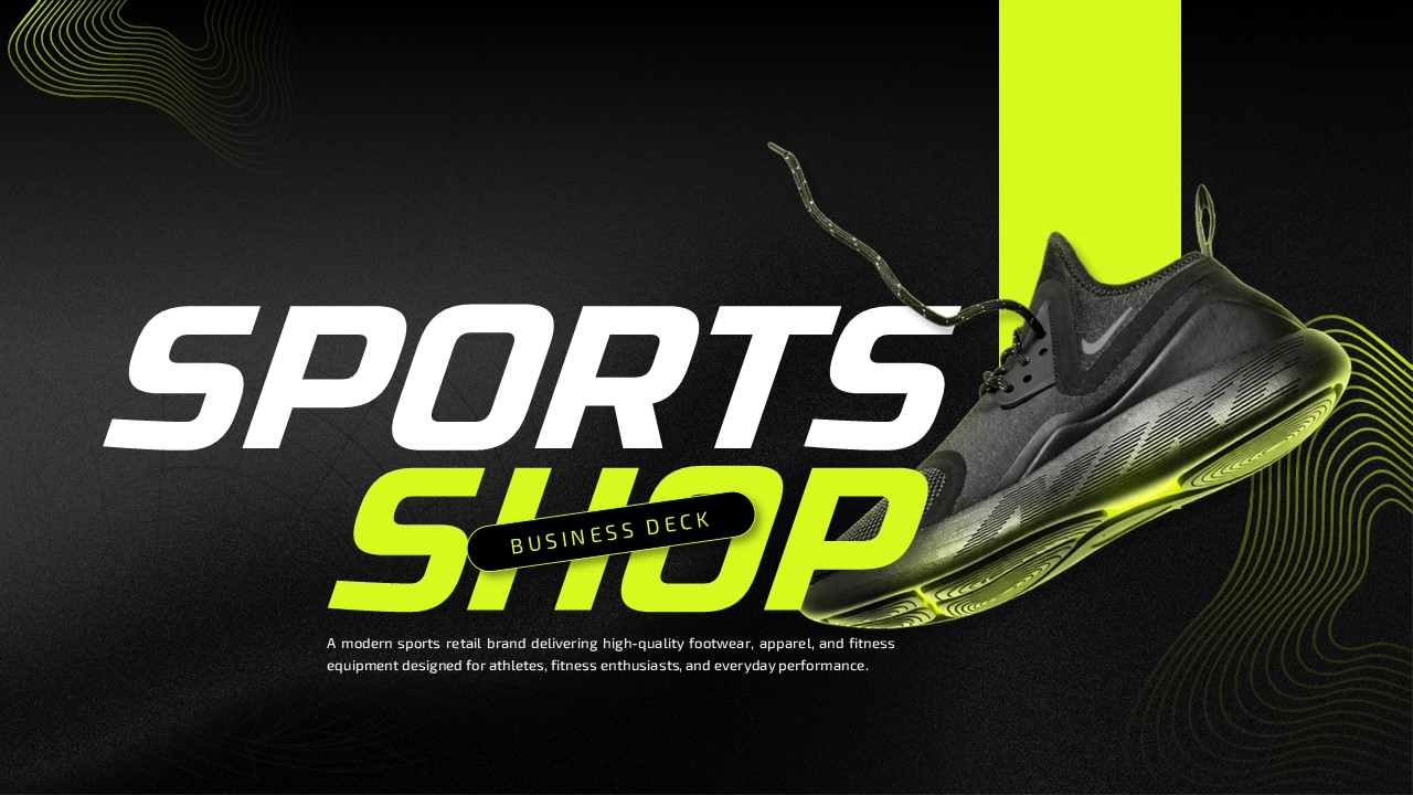 Sports Shop Business Plan Template - Title page with athletic shoe and company branding in modern design