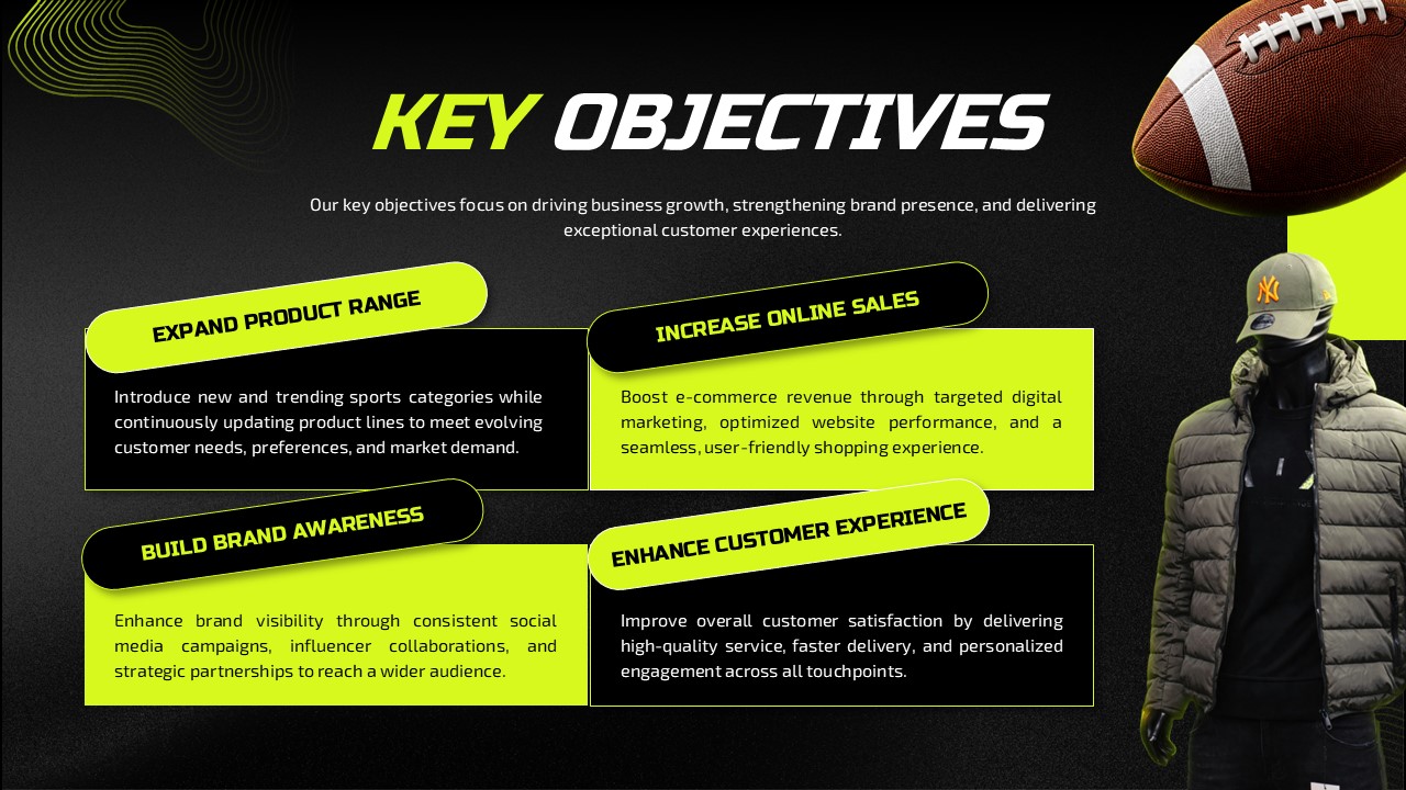 Sports Shop Business Plan Template - Key objectives slide with four business goals and athletic imagery