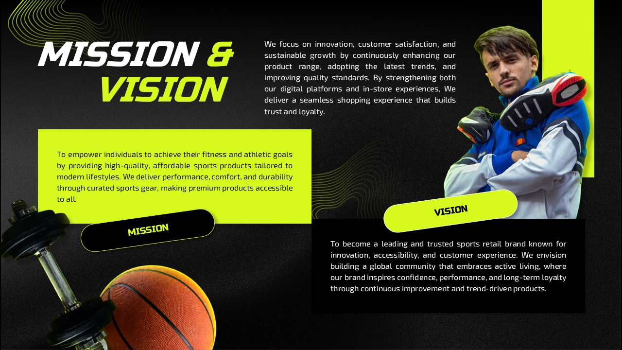 Sports Shop Business Plan Template - Mission and vision slide with athlete imagery and corporate values layout