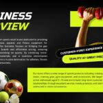 Sports Shop Business Plan Template - Business overview slide with sports equipment and customer experience highlights