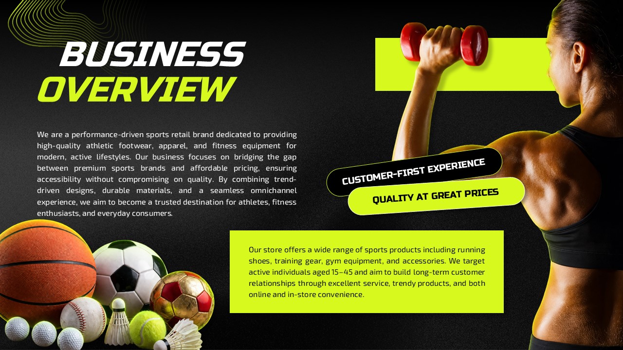 Sports Shop Business Plan Template - Business overview slide with sports equipment and customer experience highlights