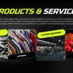 Sports Shop Business Plan Template - Products and services showcase with footwear, apparel, and equipment categories