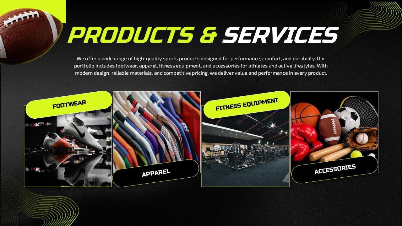 Sports Shop Business Plan Template - Products and services showcase with footwear, apparel, and equipment categories
