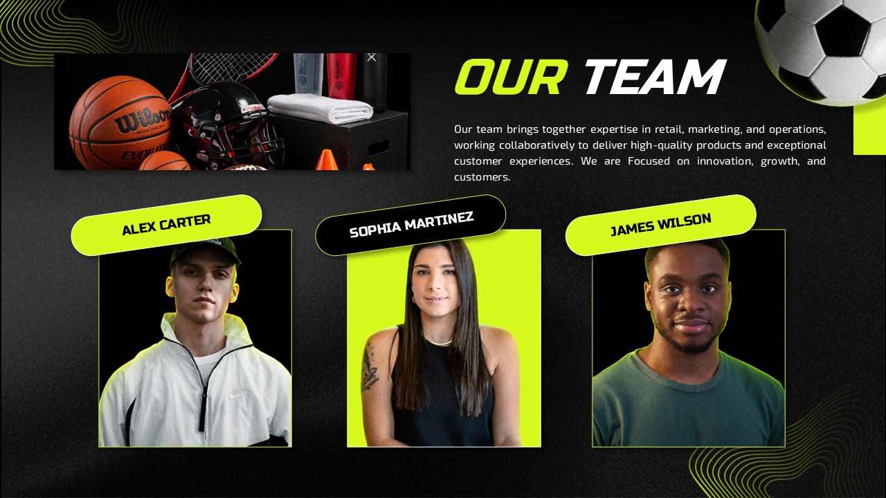 Sports Shop Business Plan Template - Team introduction slide with professional headshots and sports equipment