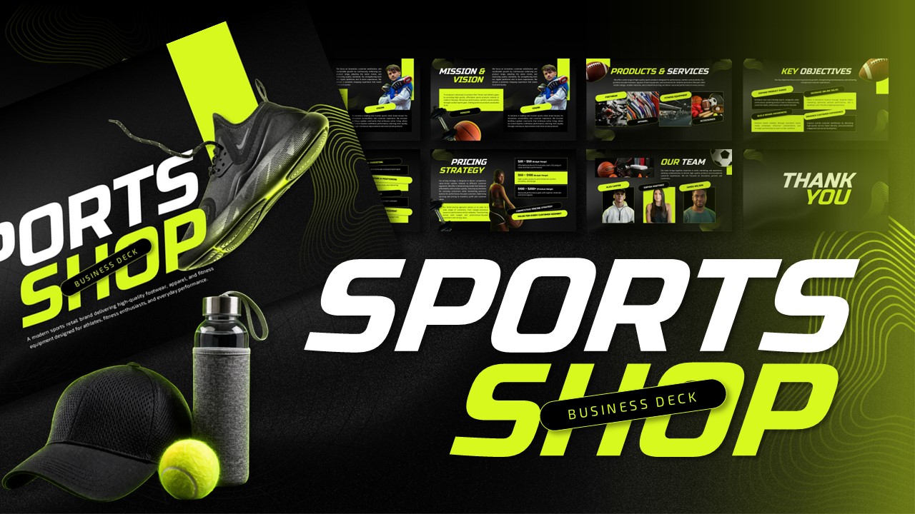 Sports Shop Business Plan Template - Dynamic cover slide with black and lime green design featuring sports equipment
