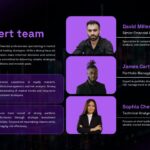 Stock Market Template - team presentation with three professional headshots and performance statistics