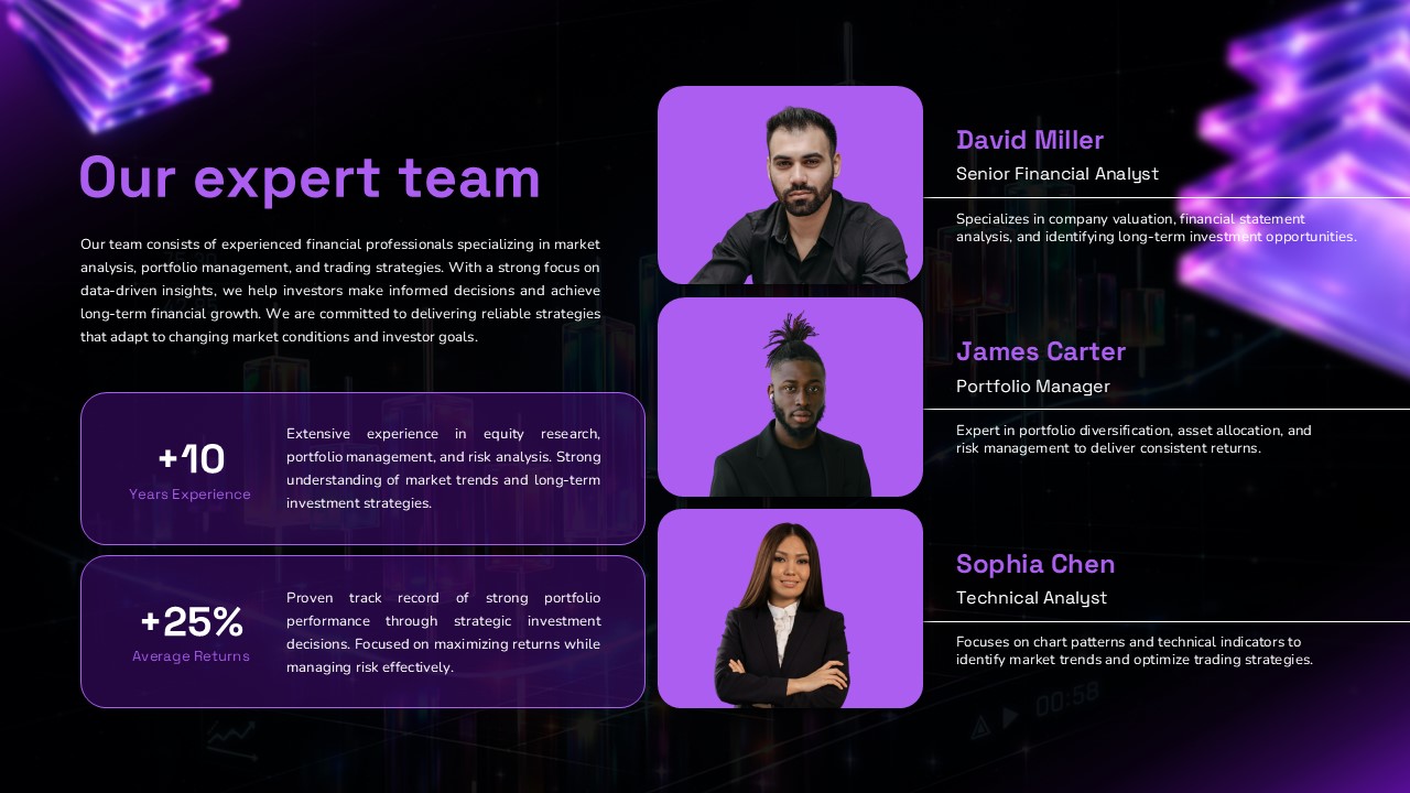 Stock Market Template - team presentation with three professional headshots and performance statistics