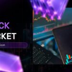 Stock Market Template - title slide with laptop showing stock charts and purple geometric background