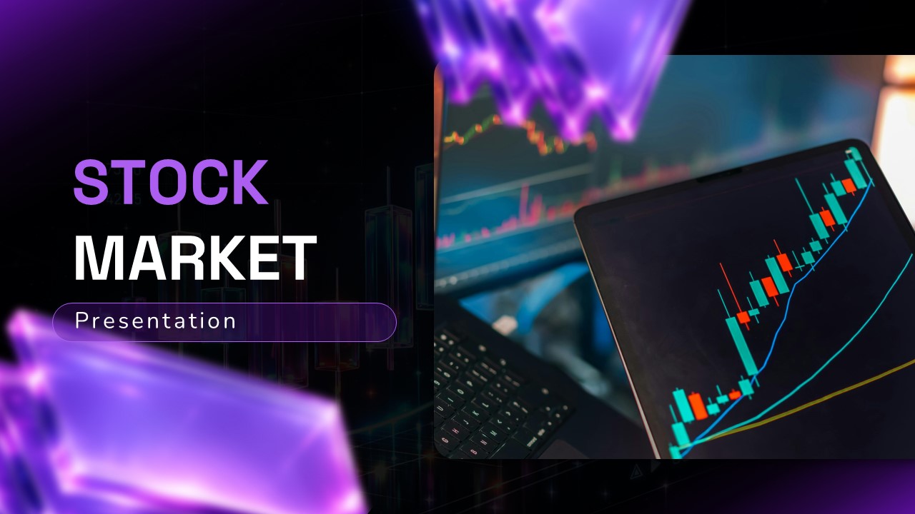 Stock Market Template - title slide with laptop showing stock charts and purple geometric background