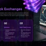 Stock Market Template - three-column layout comparing NYSE, NASDAQ, and Indian exchanges with laptop image