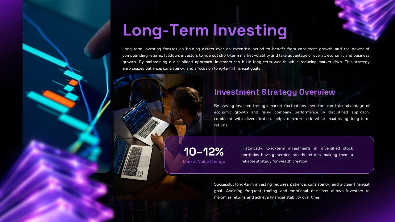 Stock Market Template - investment strategy slide with workspace photo and 10-12% performance highlight