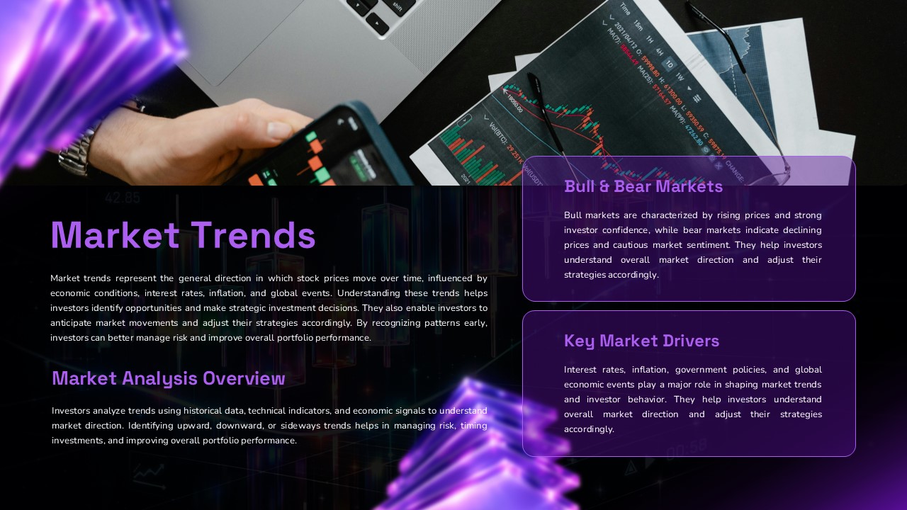Stock Market Template - market trends slide with mobile trading imagery and purple information boxes