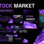 Stock Market Template - overview slide showing 8 thumbnail previews with purple design and trading charts