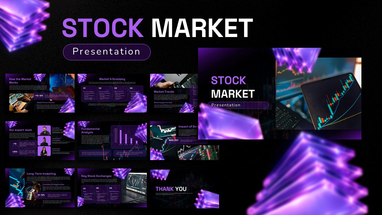 Stock Market Template - overview slide showing 8 thumbnail previews with purple design and trading charts