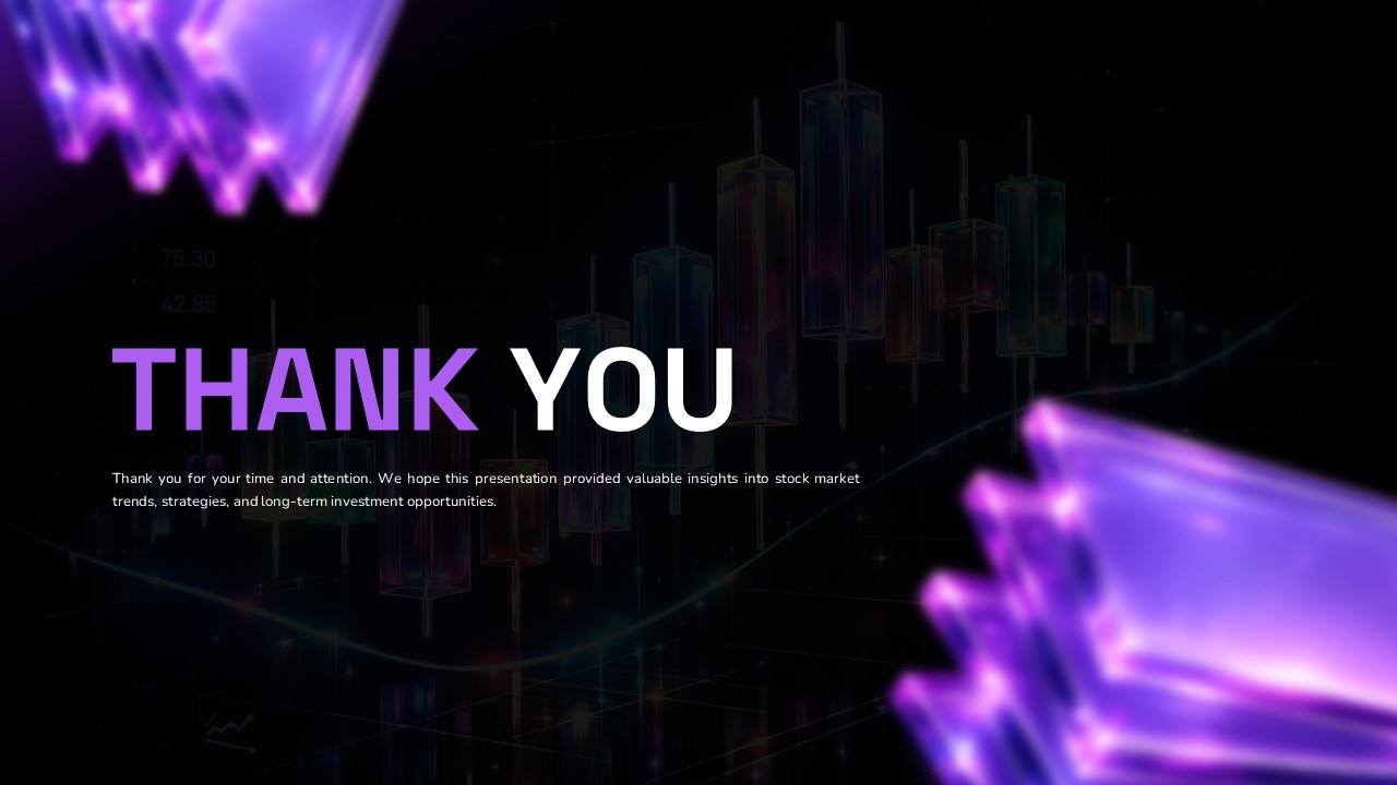 Stock Market Template - thank you closing slide with city skyline background and purple lighting effects