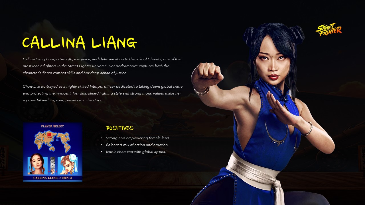 Street Fighter Callina Liang Template - Chun-Li character profile in blue martial arts outfit