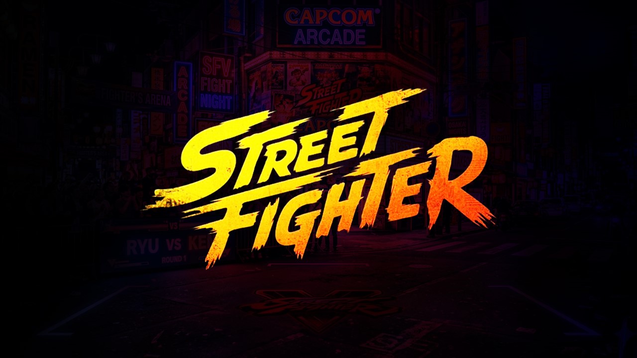Street Fighter Movie PowerPoint Template - Title slide with classic logo on atmospheric arcade background