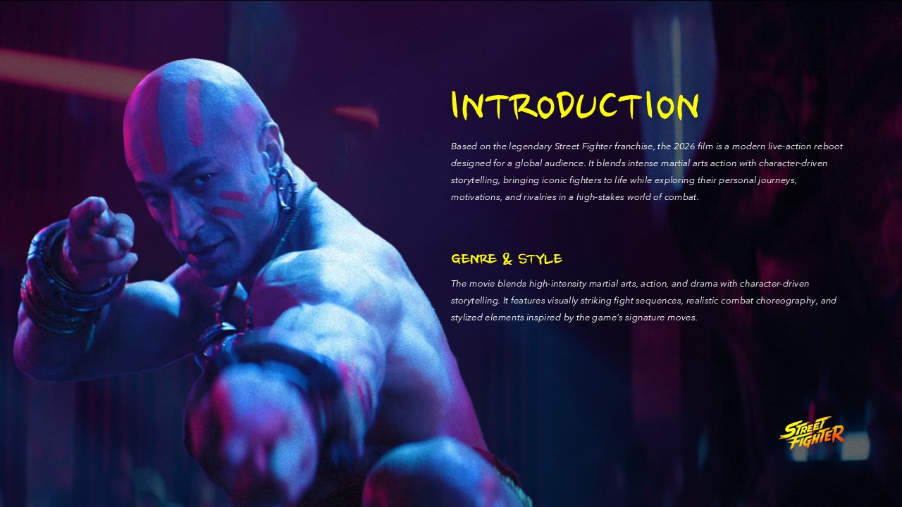 Street Fighter Introduction Template - Character portrait with genre overview and 2026 film details