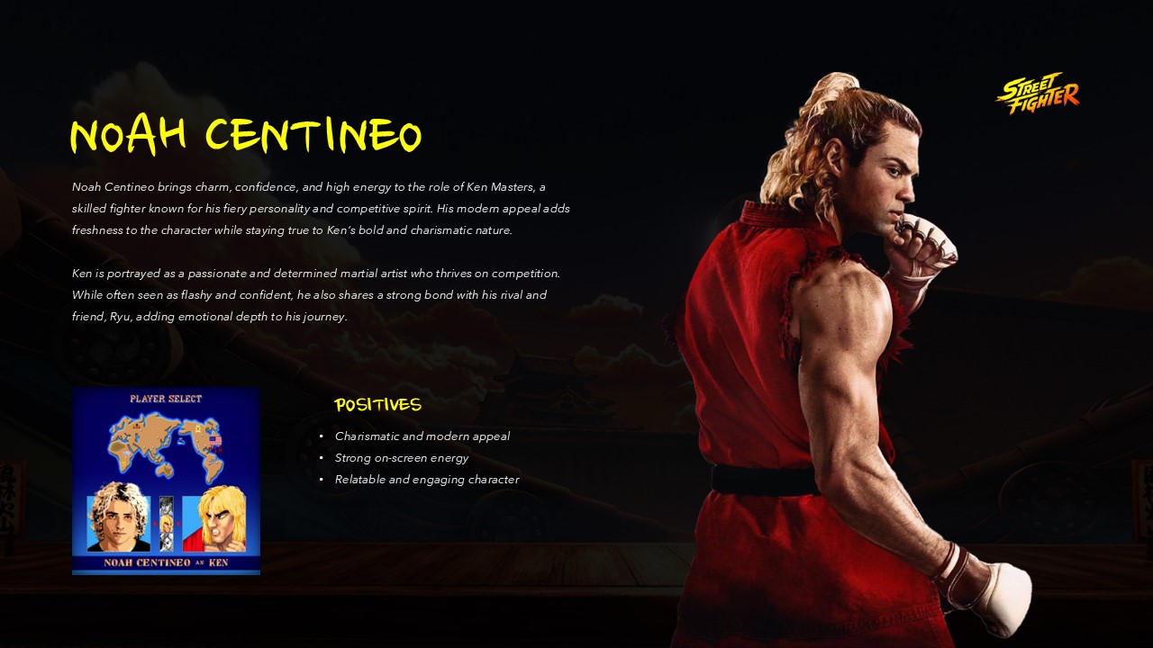 Street Fighter Noah Centineo Template - Ken Masters character profile with red gi and fighting stance