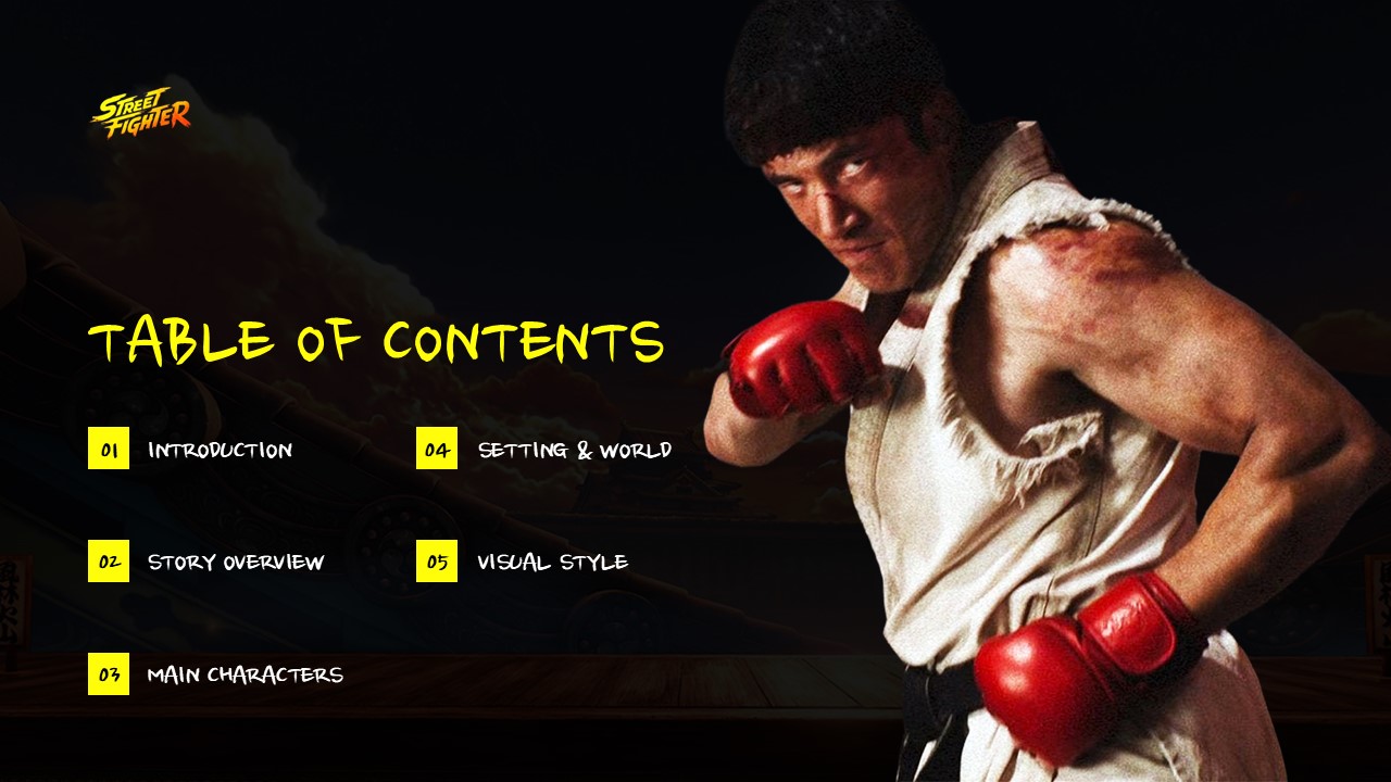 Street Fighter Table of Contents Template - Five-section layout with martial artist in fighting stance
