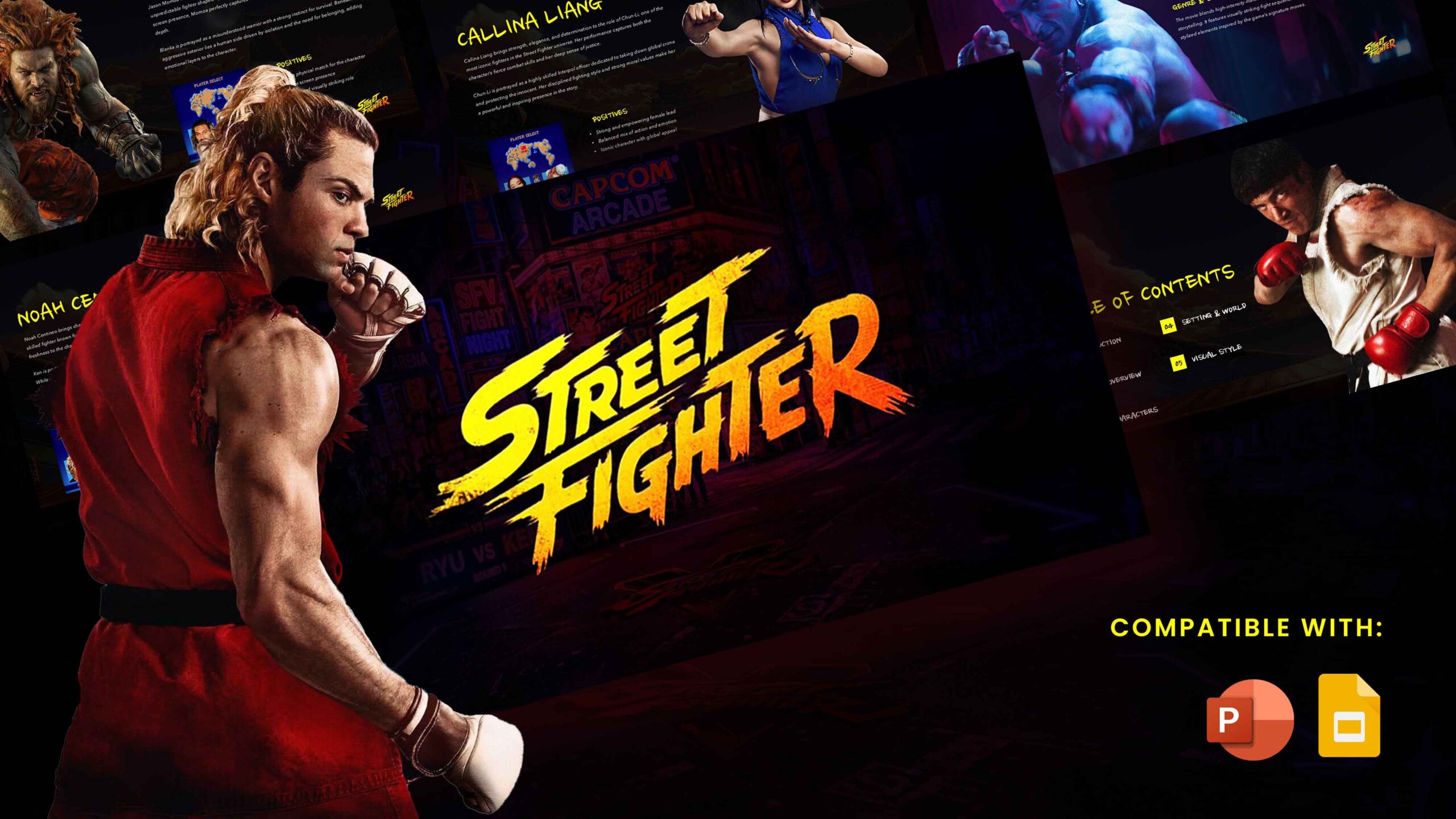 Street Fighter Movie Template - Dynamic cover slide with character portraits and iconic yellow logo