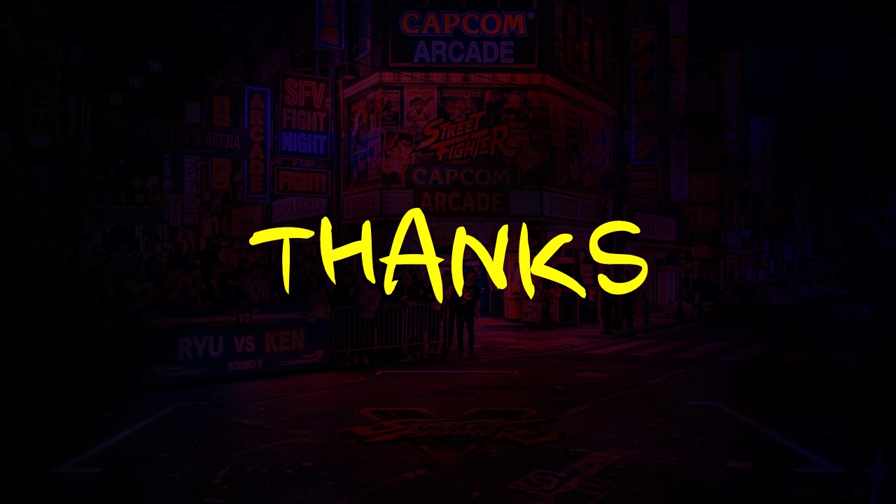 Street Fighter Thank You Template - Closing slide with yellow text on atmospheric arcade background