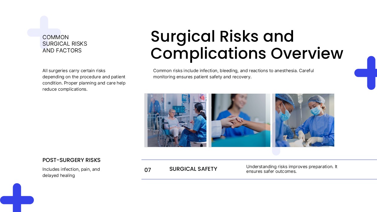 Surgery PowerPoint - Surgical risks and complications overview slide with safety information and medical images