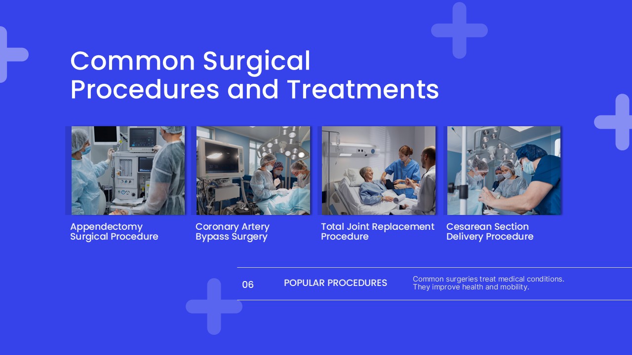 Surgery Google Slides - Common surgical procedures slide with four medical treatment photos and descriptions
