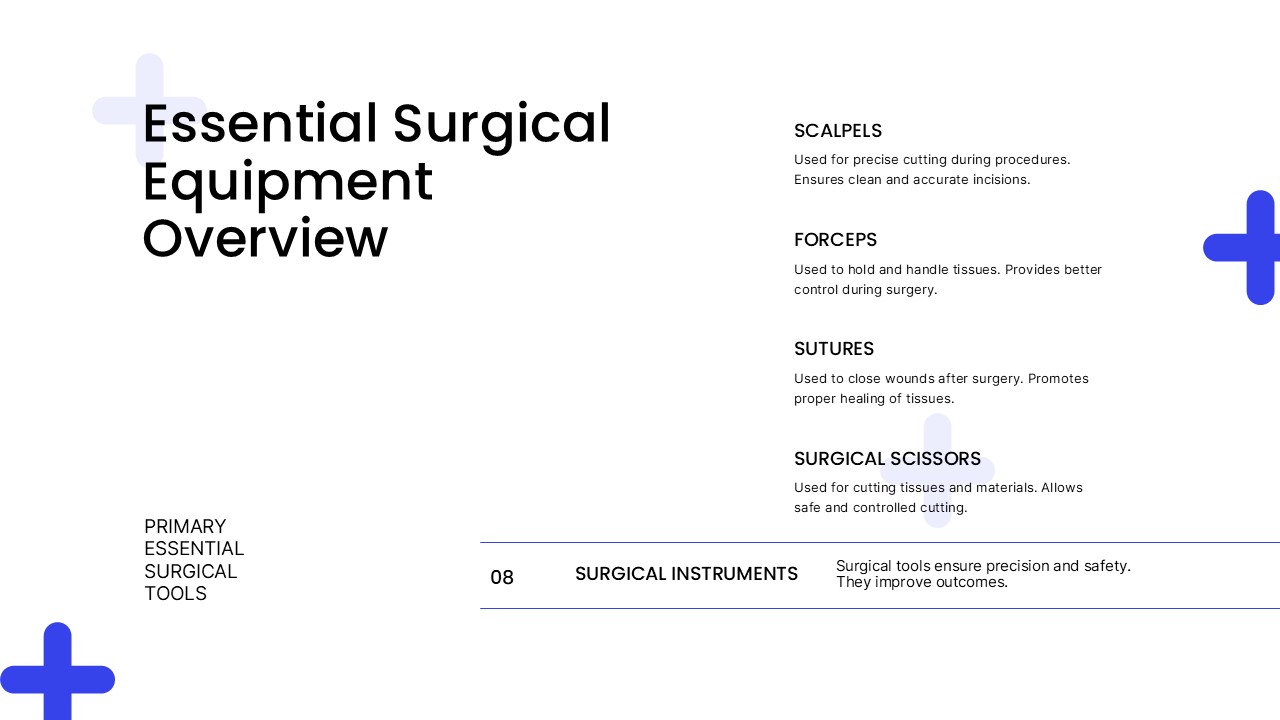 Surgery Template - Essential surgical equipment slide listing scalpels, forceps, sutures, and scissors