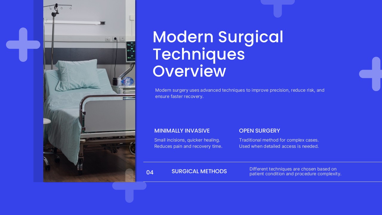 Surgery PowerPoint - Modern surgical techniques slide comparing minimally invasive and open surgery methods