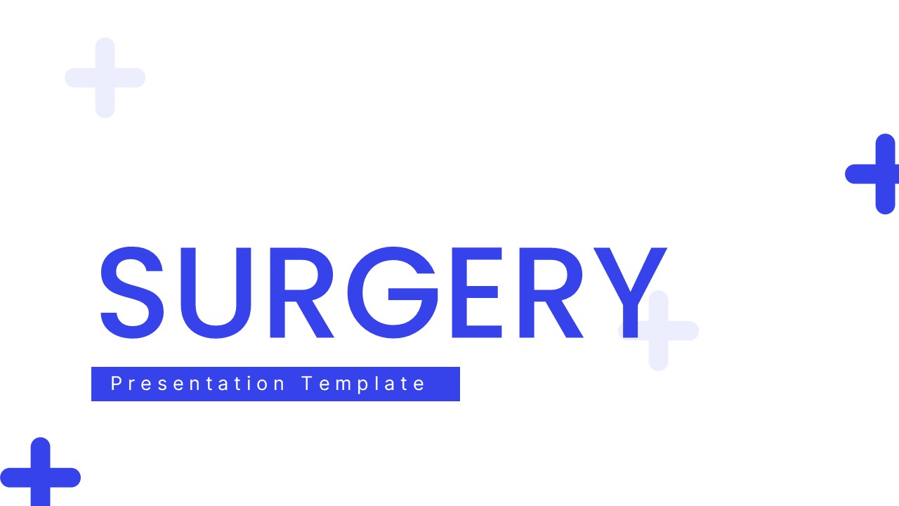 Surgery Google Slides Template - Professional medical presentation cover with blue typography and cross symbols