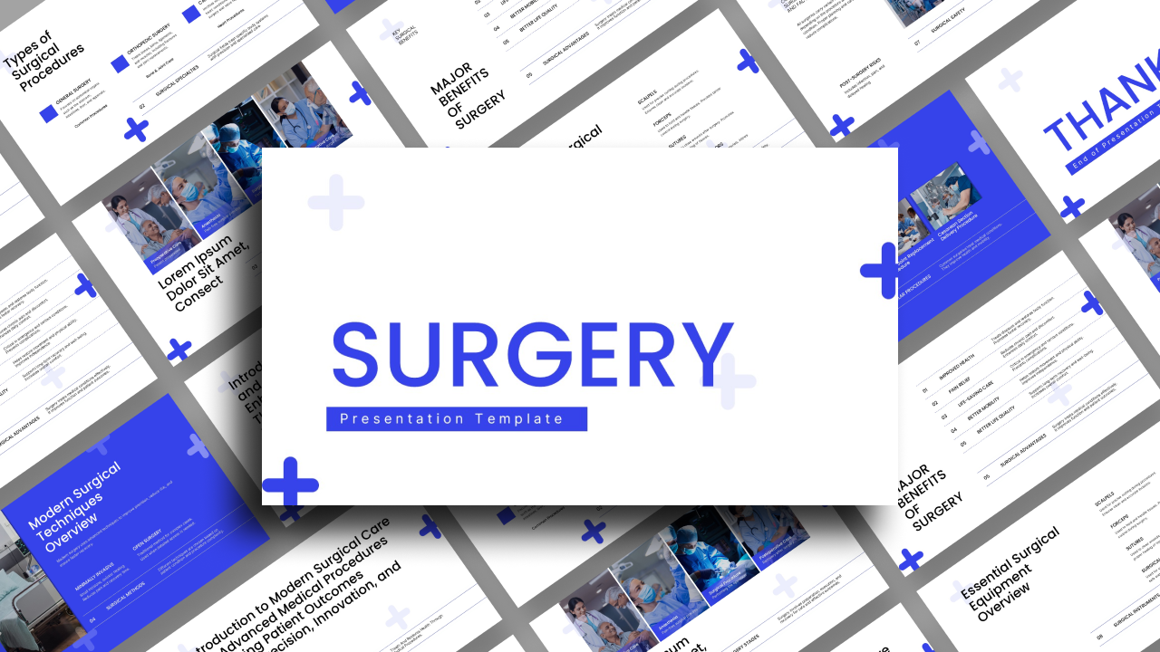 Plantilla de PowerPoint para cirugía: vista previa completa de la plantilla que muestra varias diapositivas de presentación médica con diseño azul.