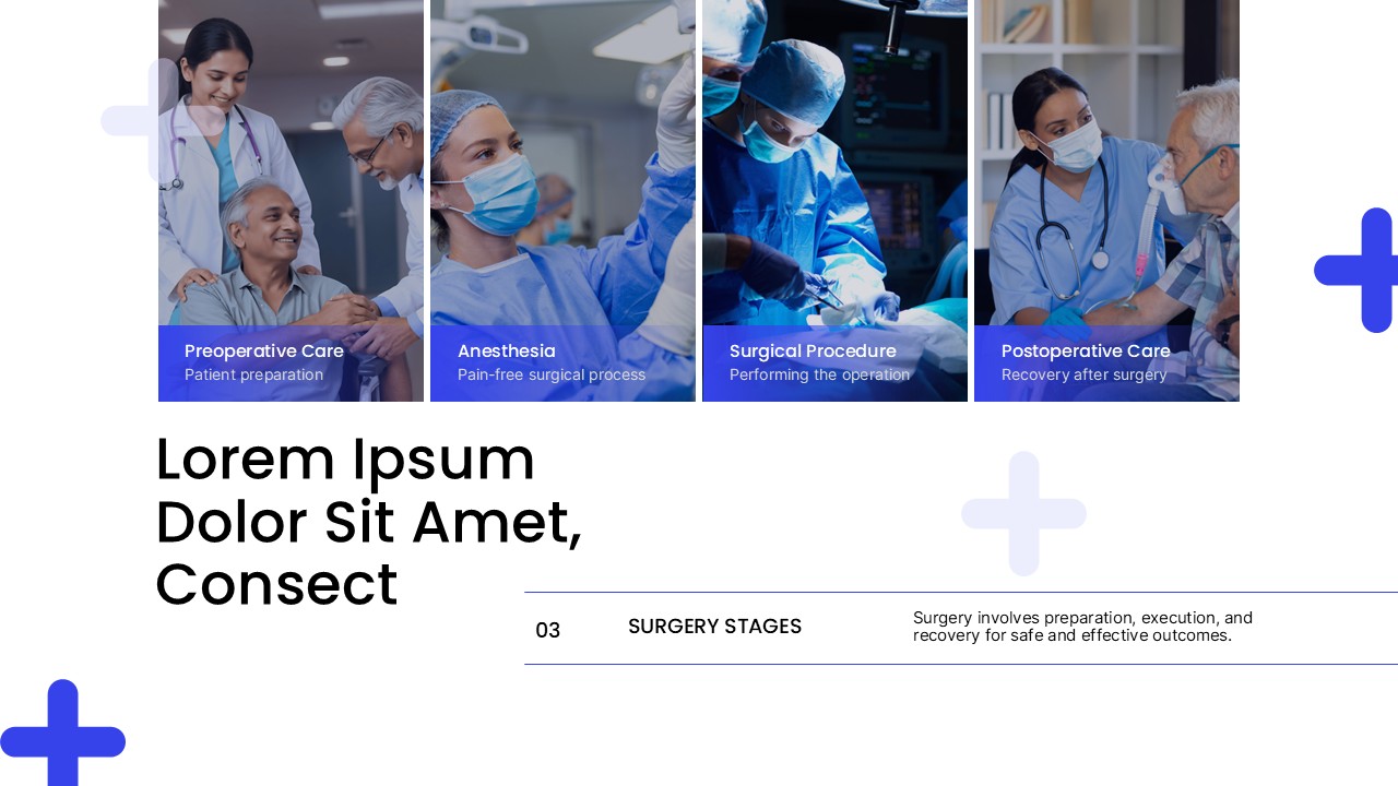 Surgery Google Slides - Surgery stages timeline with four medical photos showing preoperative to postoperative care