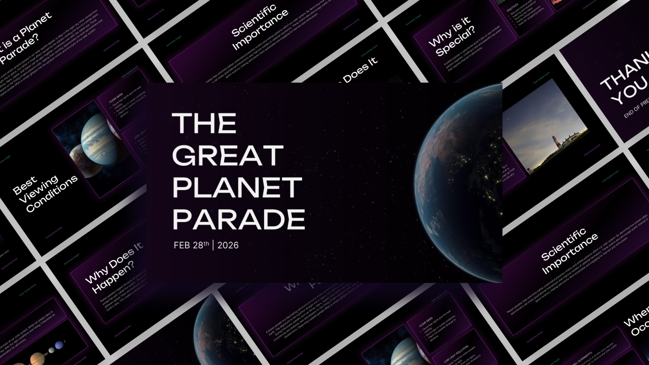 Great Planet Parade Template - Cover slide to introduce astronomical presentation with space theme and event details