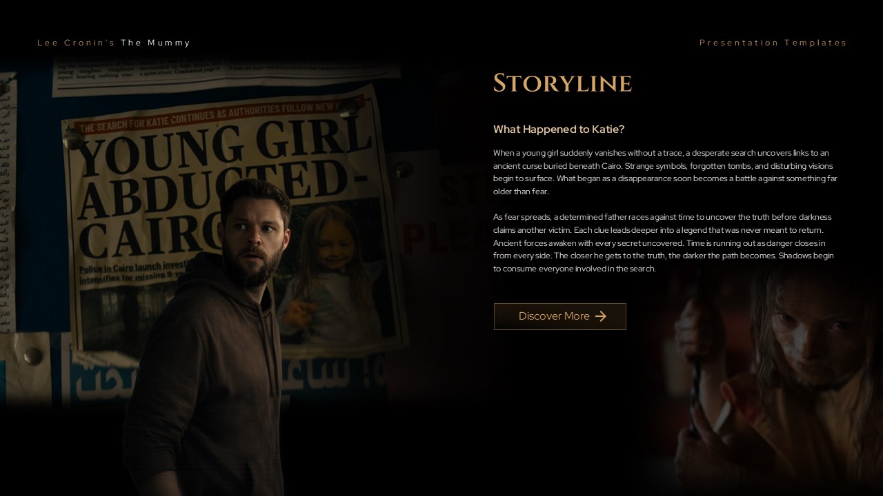 The Mummy Movie Template - Plot slide featuring newspaper headline and character portrait with story text