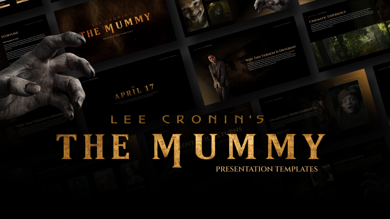 The Mummy Movie Template - 3D preview showing multiple dark horror-themed slides with gold typography