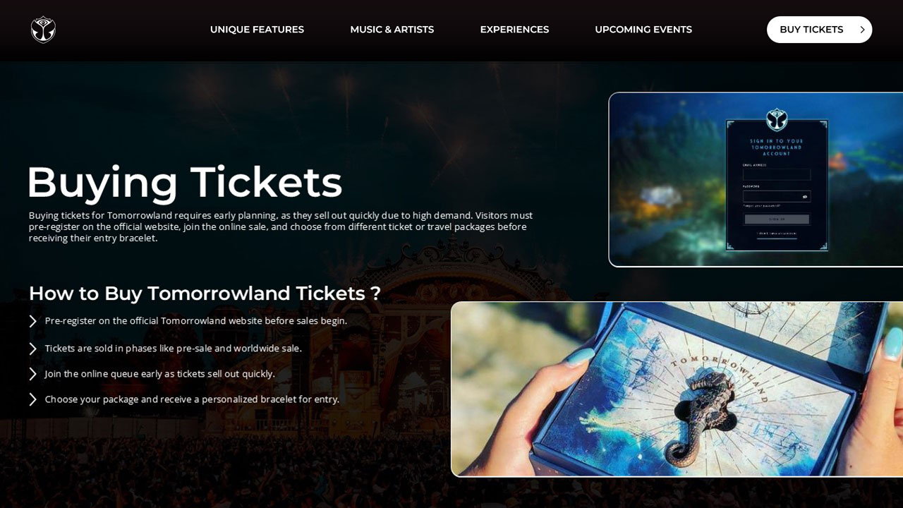 Tomorrowland Tickets Guide - Mobile app mockup and festival mapping paired with detailed purchasing process instructions