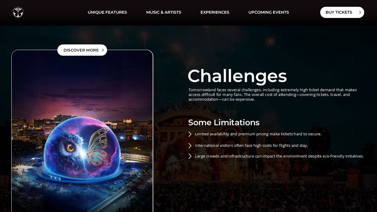 Tomorrowland Challenges Layout - Futuristic dome imagery balanced with professional limitations and obstacle content presentation