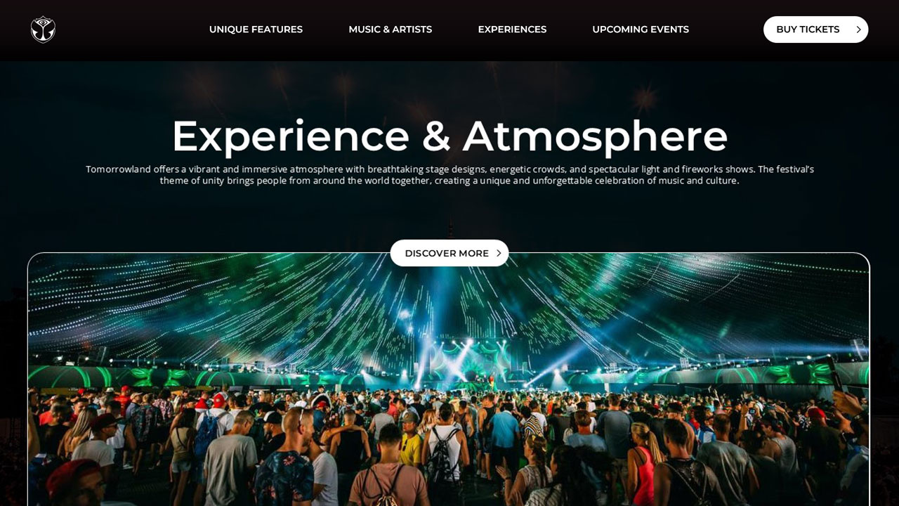 Tomorrowland Experience Slide - Full-width immersive festival atmosphere with centered emotional content and discovery prompt