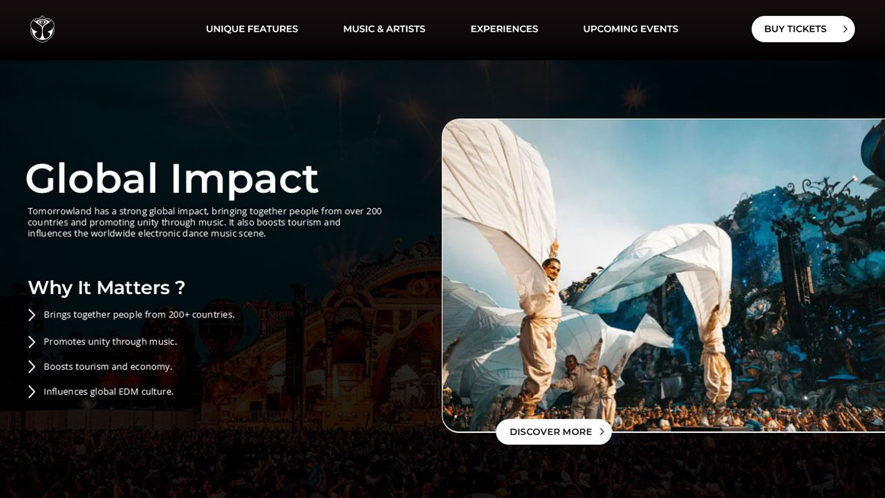 Tomorrowland Impact Slide - Dramatic performer imagery paired with worldwide influence content and impact bullet points
